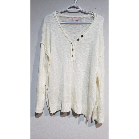 CDM women's open knit cream ivory sweater relaxed fit oversized 1/4 button Large - Picture 1 of 6
